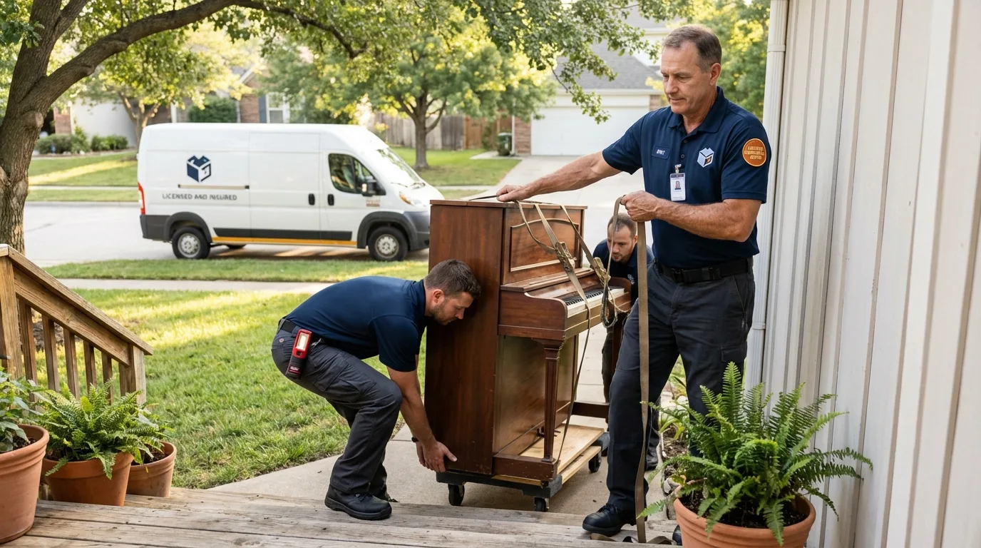 Licensed piano movers securing grand piano in Richland, MS
