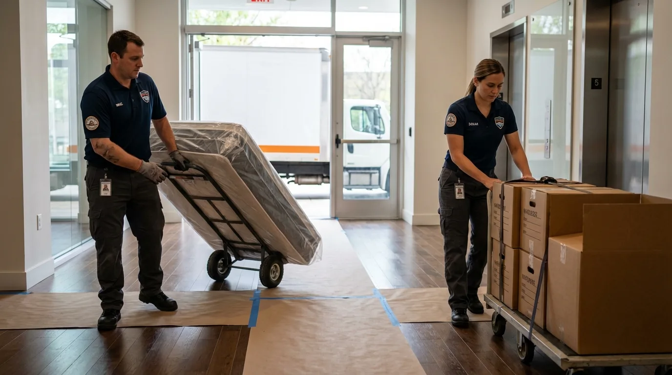 Professional apartment movers loading elevator in Richland, MS